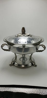 Vintage Portable Food Warmer Chafing Stand Hammered Aluminum Pyrex