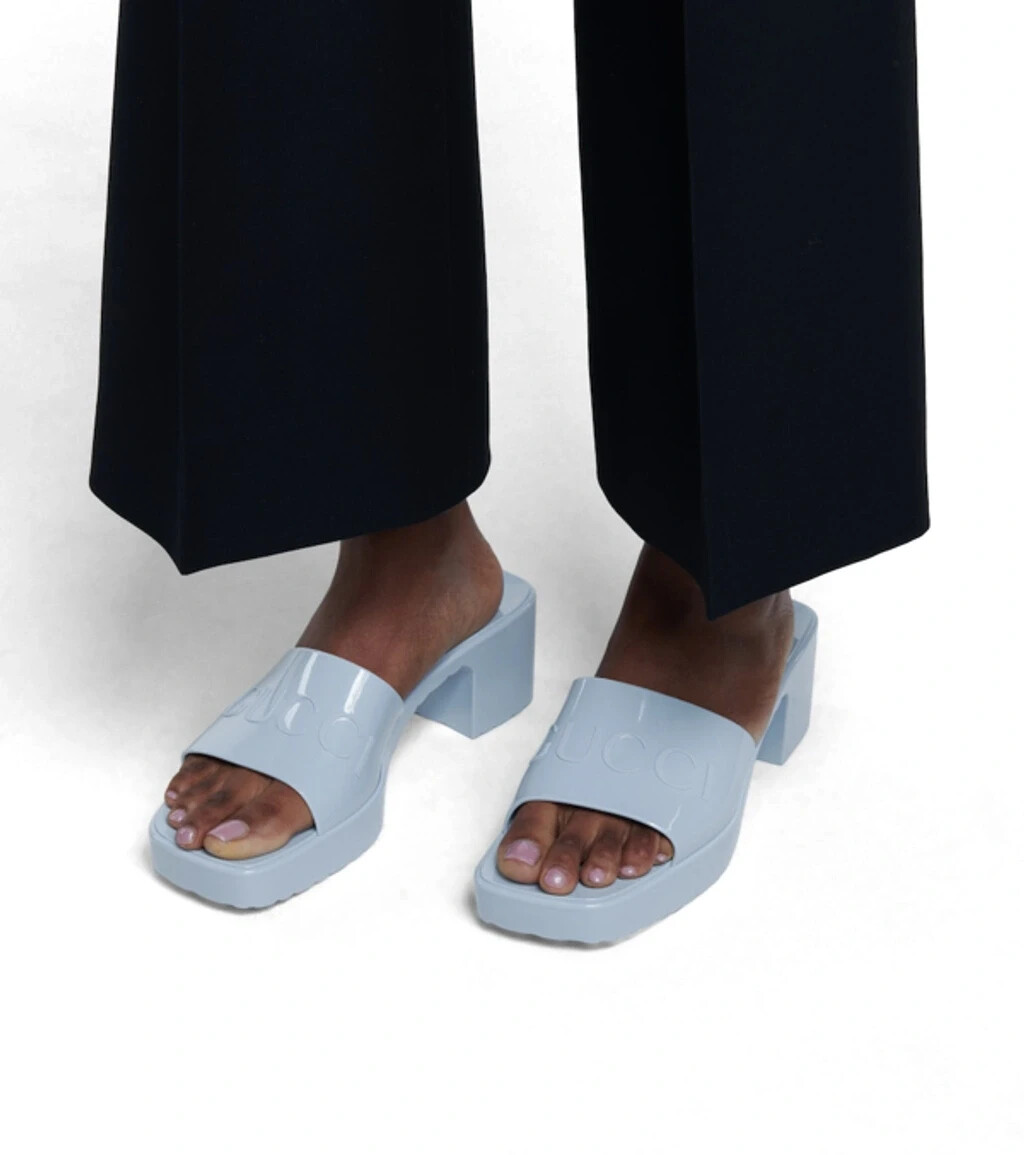 NEW GUCCI Women's Block Heel Platform Sandals Light Blue Rubber 37 - Main Image