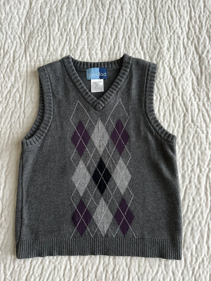 Chaleco Suéter Tejido Niños Niños Cuello en V Argyle Talla 6 Gris Foto 2 de 4