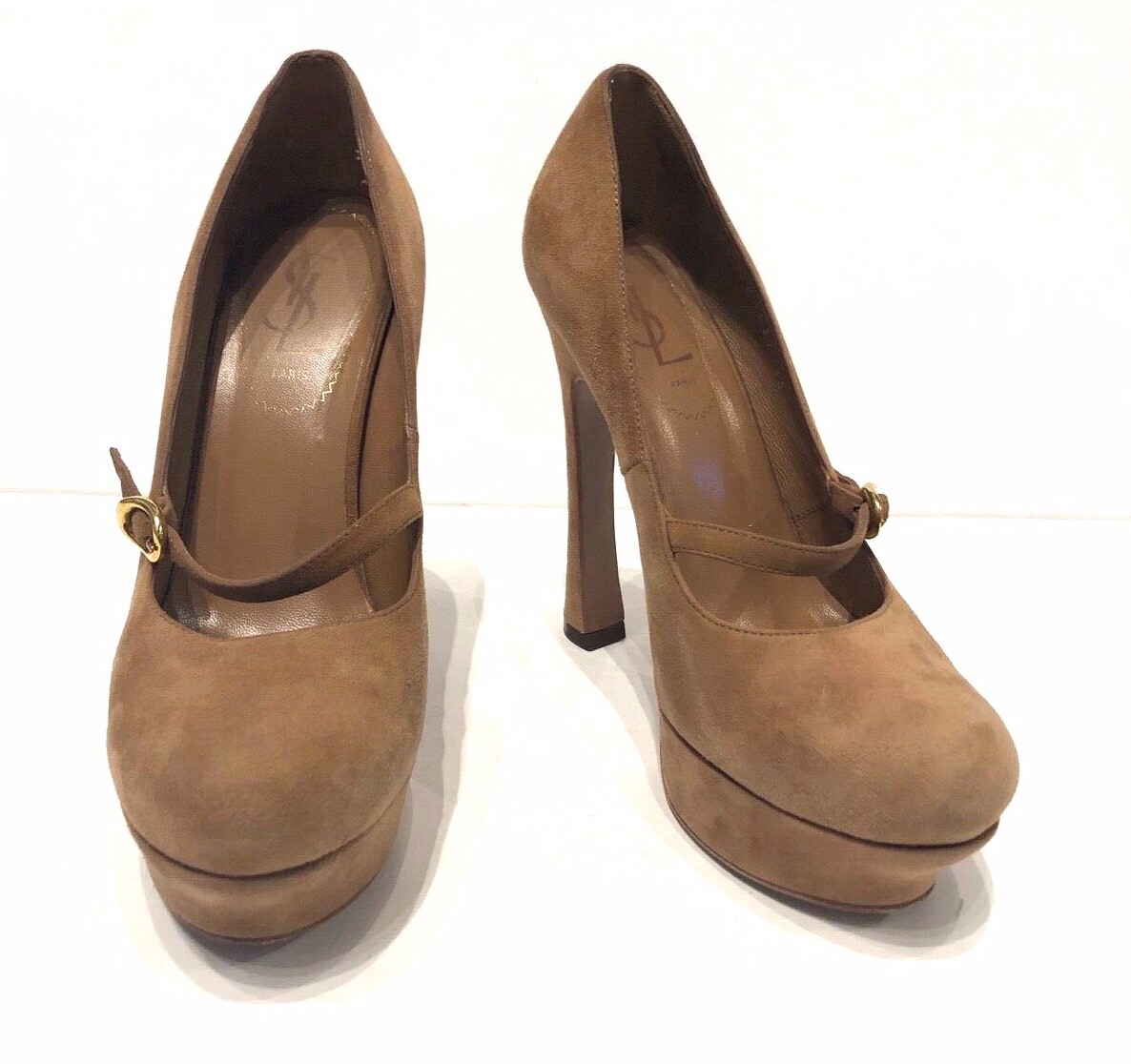 Decolte Yves Saint Laurent scamosciate marroni Mary Jane Palais platform Italia taglia 36