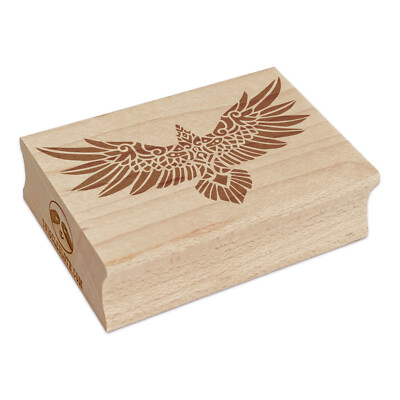 Norse Tribal Raven Crow Bird with Spread Wings Rectangle Rubber Stamp Stamping