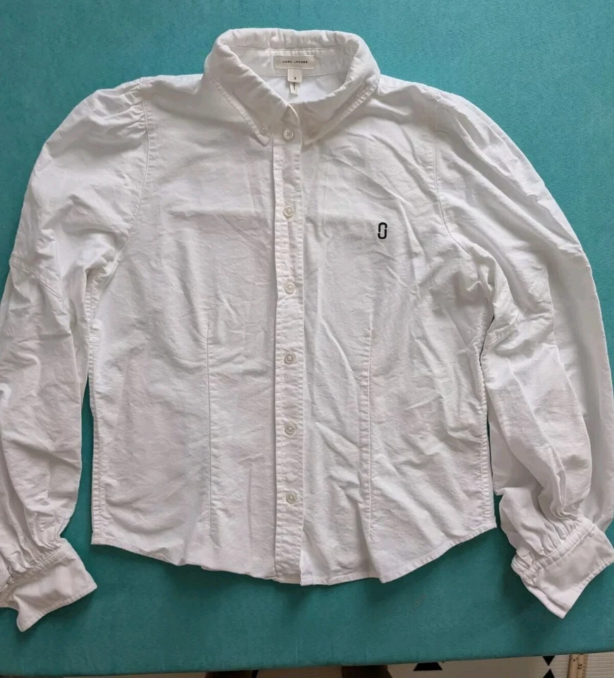 Camisa Top Marc Jacobs Blanca Puff Manga Bishop Cuello Pecho Logo Ropa de Trabajo 8  Foto 3 de 4