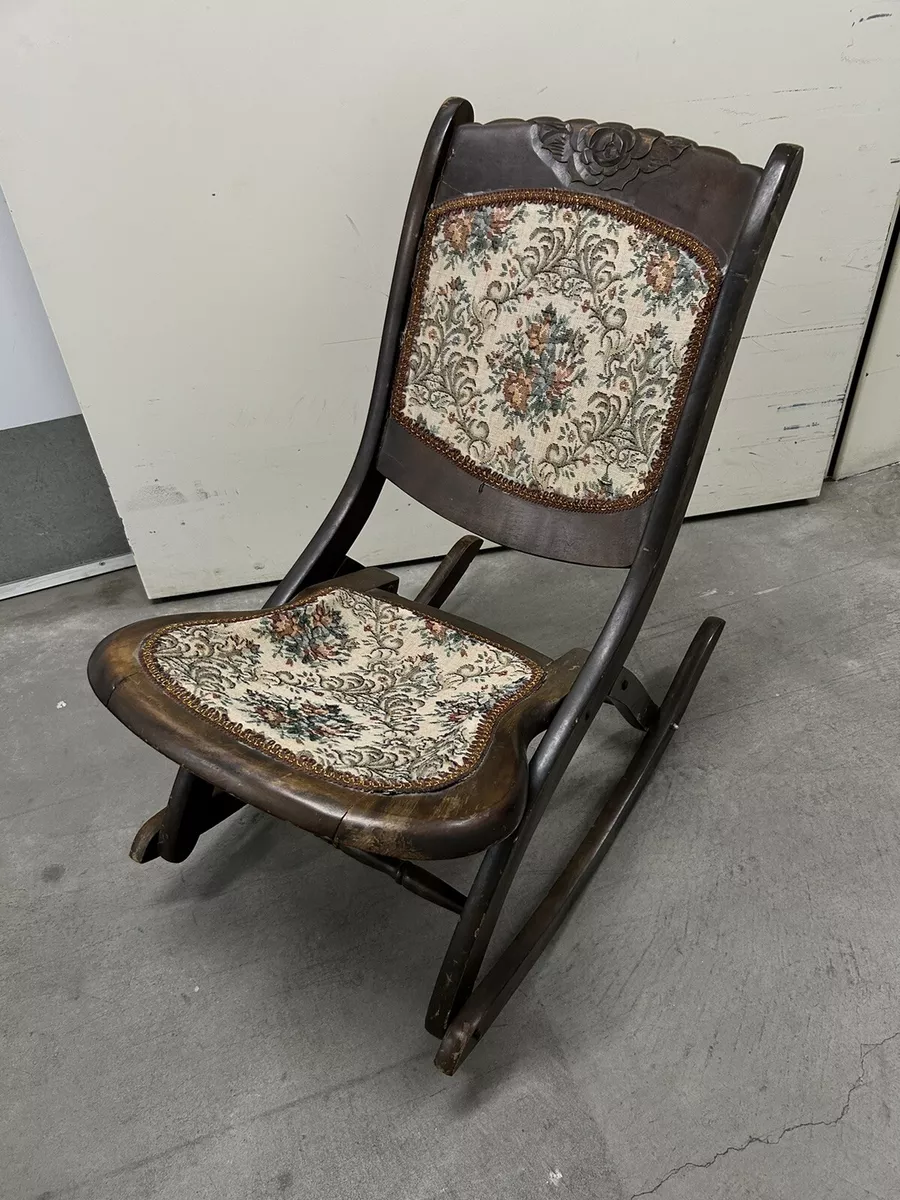 Vintage Antique Tapestry Carved Wood Folding Rocker Rocking Chair