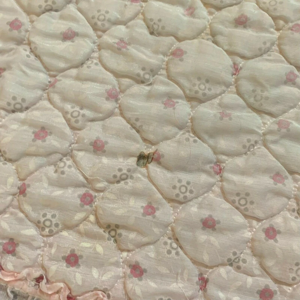 Vintage 80s Quilted Coverlet Bedspread Twin Pink Floral Light Ruffles Lace  - Image 3 of 4