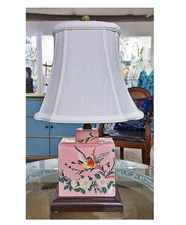 Porcelain Pink Tea Jar Shape Chinoiserie Lamp. Hand Painted. With Lampshade.