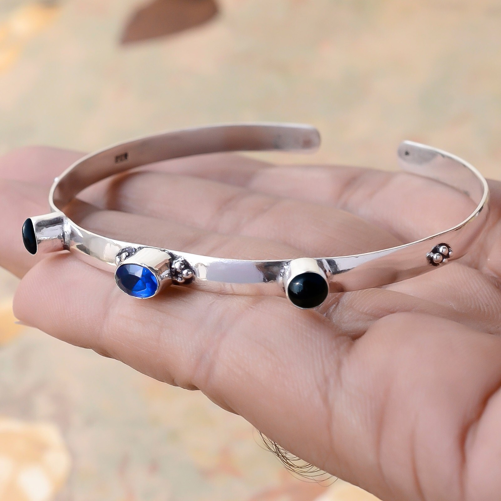 Bangle Black Onyx,Tanzanite Gemstone 925 Sterling Silver Handmade Cuff-image