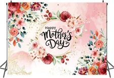 8x6ft Happy Mother's Day Backdrop Pink Flowers Golden Photography Background