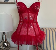 Victoria's Secret Red Underwire Corset Rhinestone With Stalkings Size 36 B