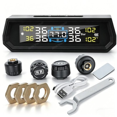 Multi-Alarm TPMS High Low Pressure Temp Fast Leak Warning 4 Sensors Solar LCD