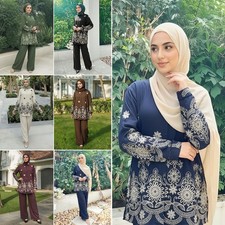 Muslim Women Embroidery Blouse Top Pants Sets 2 Piece Elegant Islamic Outfits