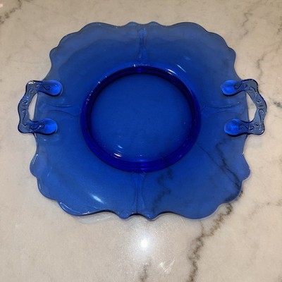 Vintage LE Smith Mt Pleasant Cobalt Blue 10'' Footed Cake Plate Depression Glass
