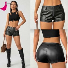 Women’s Micro PU Leather Look Shorts Zip Front Belt Loops 100% Polyester Party C