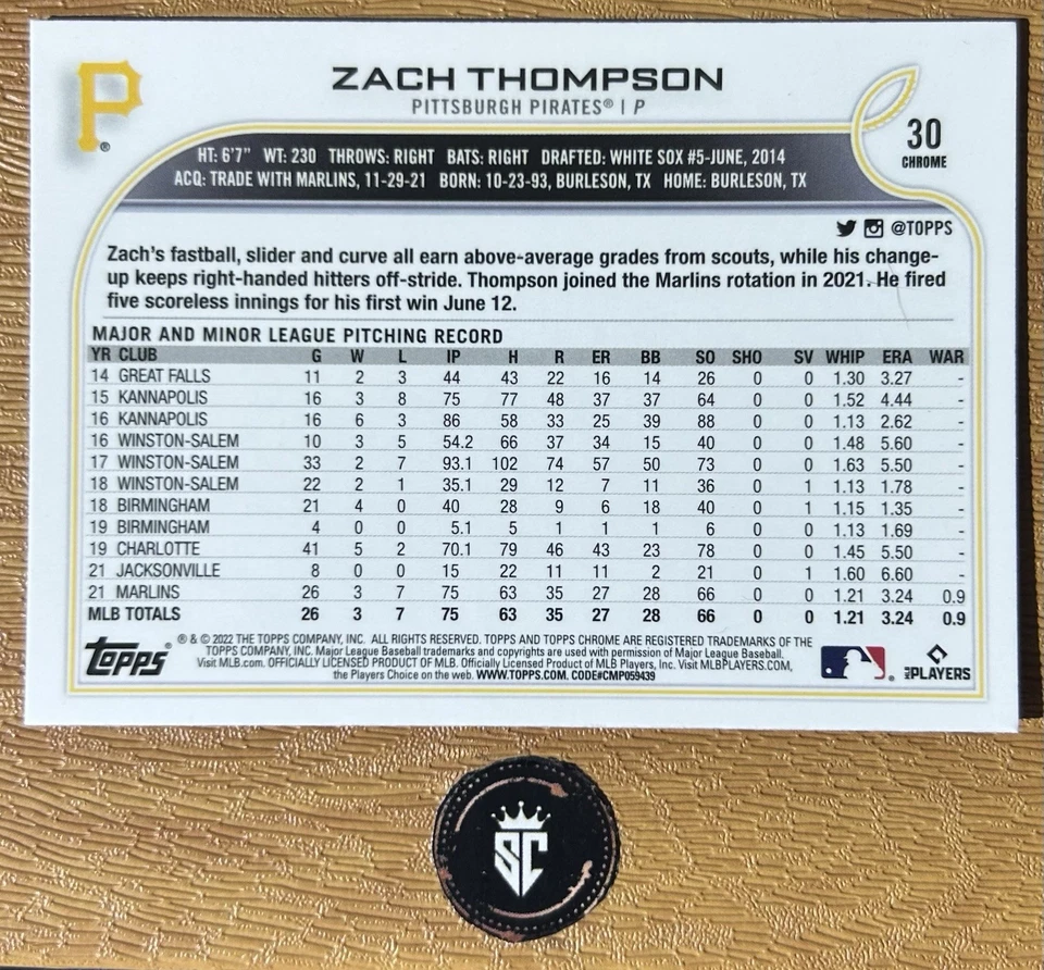 Zach Thompson 2022 Topps Chrome Sonic Black & White RayWave Refractor Rookie #30 - Image 2 of 3