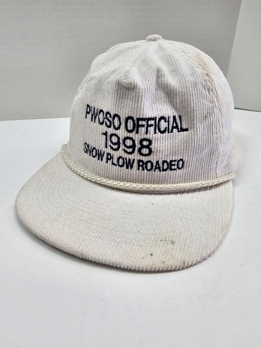 Vintage 1998 Snow Plow Rodeo Trucker Snap Back Cap Hat White Corduroy