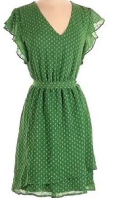 DR2 Women Green Swiss Dot A-line belted Casual Dress S NWT