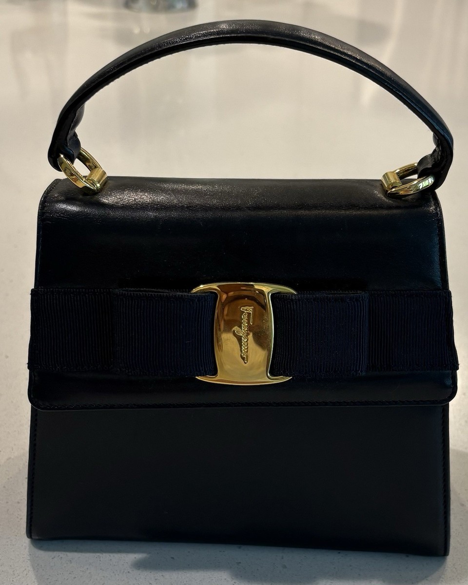 Salvatore Ferragamo Vara Bow Ribbon Hand Bag Purse Blue Leather