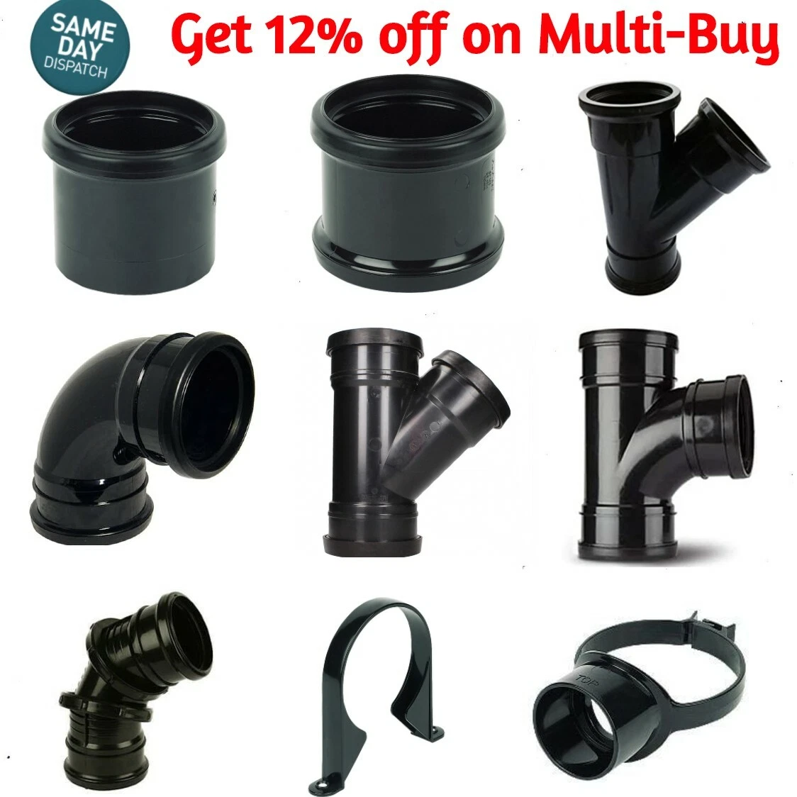 110 mm SOIL PUSHFIT FITTINGS BENDS TEE ACCESS BLACK uPVC PIPES