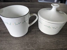 CORNING CENTURA SPRINGHILL GREEN FLORAL CREAMER & SUGAR BOWL + LID FREE USA SHIP