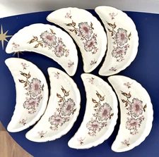 7 Vintage Mitterteich Bavaria Crescent Dish 6 1/2" Long Pink Floral Germany 7753