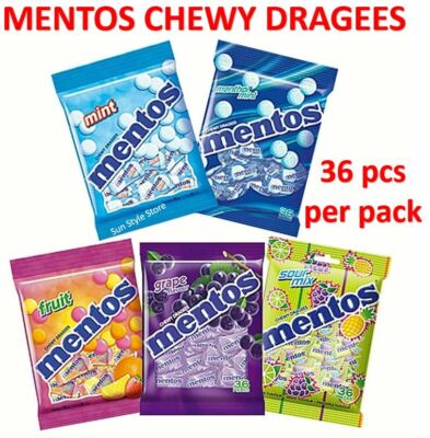 Mentos Chewy Dragees 36 pcs Sweet Candy Mint, Menthol, Fruits, Grape, Sour Mix