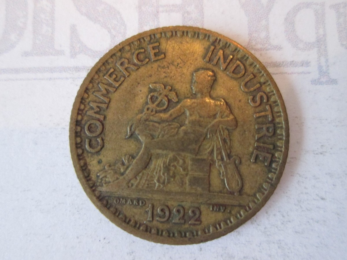 1922 ONE 1 FRANC! Vintage FRANCE coin: COMMERCE INDUSTRIE bronze
