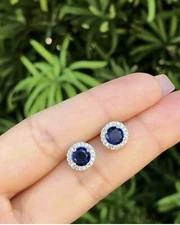 2 Ct Round Lab Created Blue & White Sapphire Halo Stud Earrings 14K White Gold 
