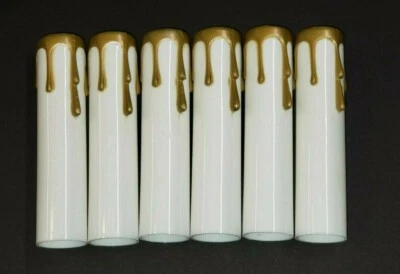 LAMP SET OF 6 - 3" WHITE PLASTIC CANDELABRA CANDLE COVERS GOLD DRIPS 7/8" OD 199253JB