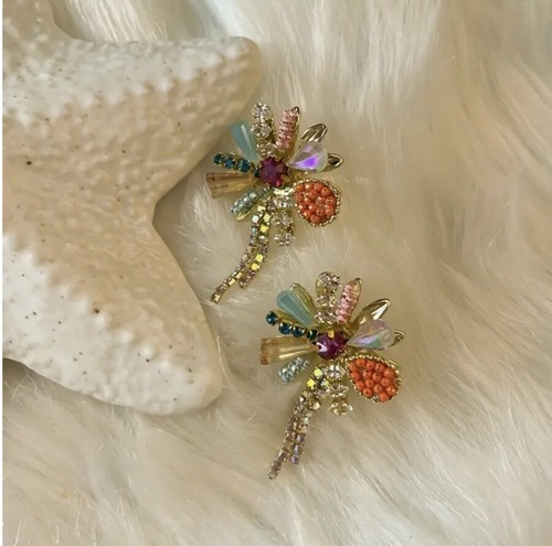 Flower Earrings Anthropologie Crystal Stud 18k Colorful Gold Multicolor Chain - Picture 4 of 11