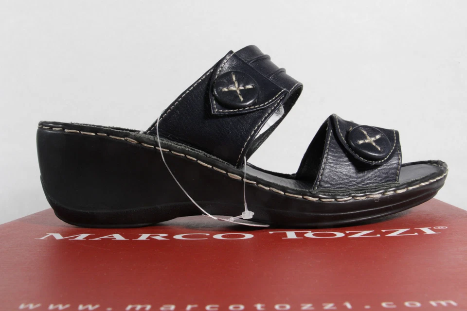 Sandalias Mules Marco Tozzi Mujer Cuero Genuino Azul ¡NUEVAS! Foto 2 de 4
