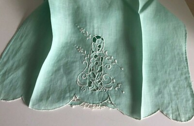 Vtg Aqua Blue White Embroidered Open Work HAND TOWEL 13X20 Shabby