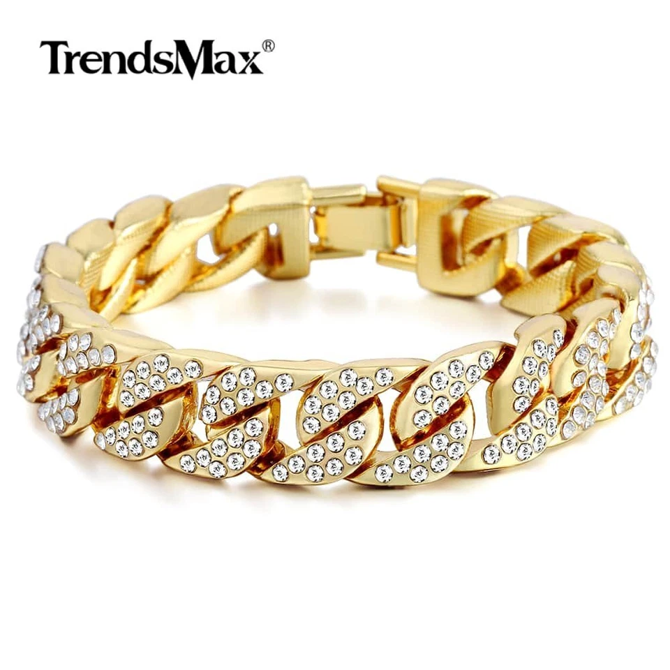 Brazalete de cadena de eslabones cubanos bordillo relleno de oro 14 mm 8/9" diamantes de imitación transparentes Foto 4 de 4