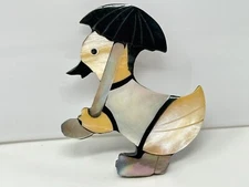 Vintage Black Multicolor Mother of Pearl Abalone Shell Inlay Duck Umbrella Pin