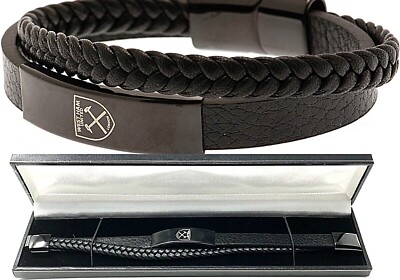West Ham United FC Noir IP Cuir Bracelet Whufc Crest Plaque Cadeau Emballé