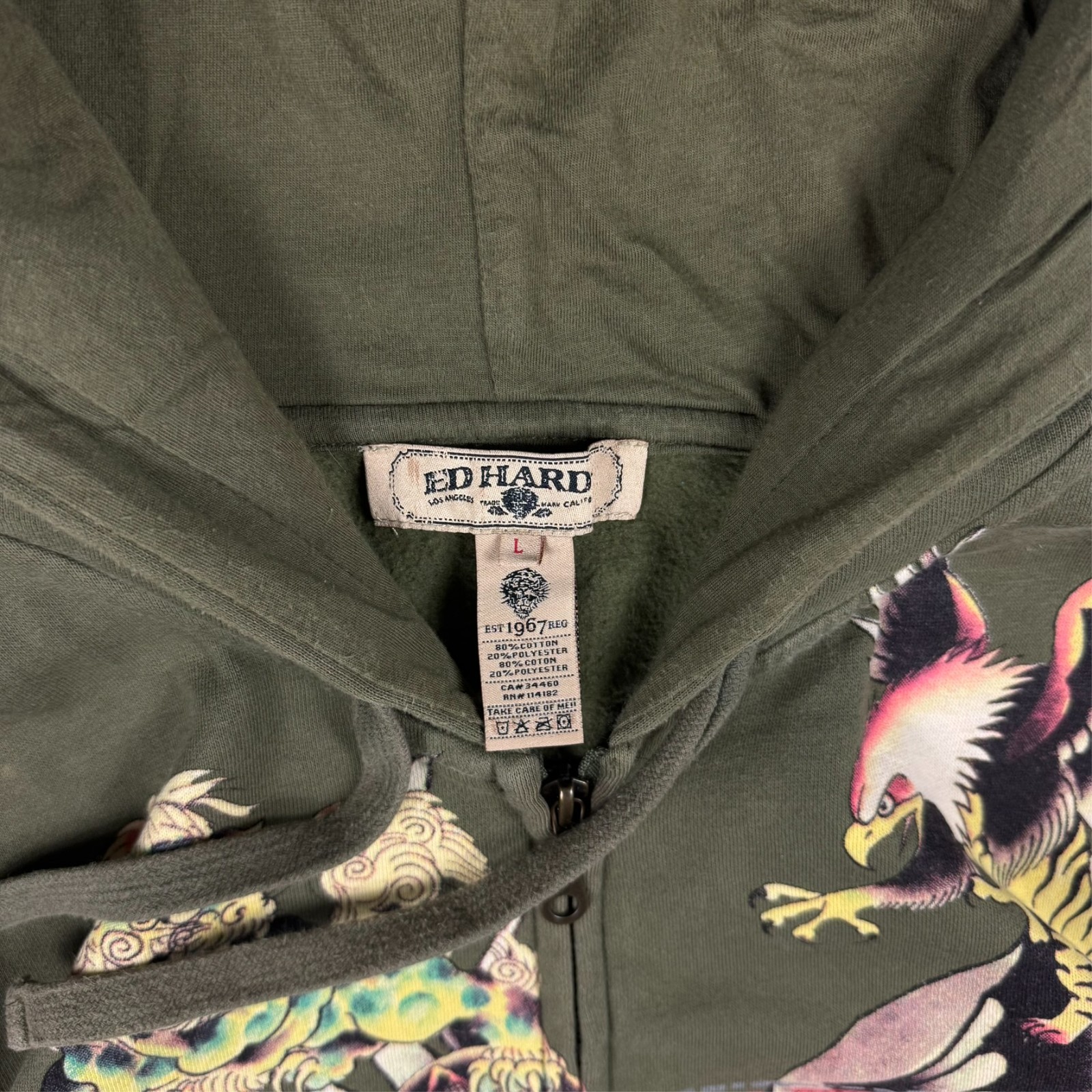 Vintage Ed Hardy 2000's Y2K Khaki Snake Griffin Studded Oversized Lrg Zip Hoodie image 5