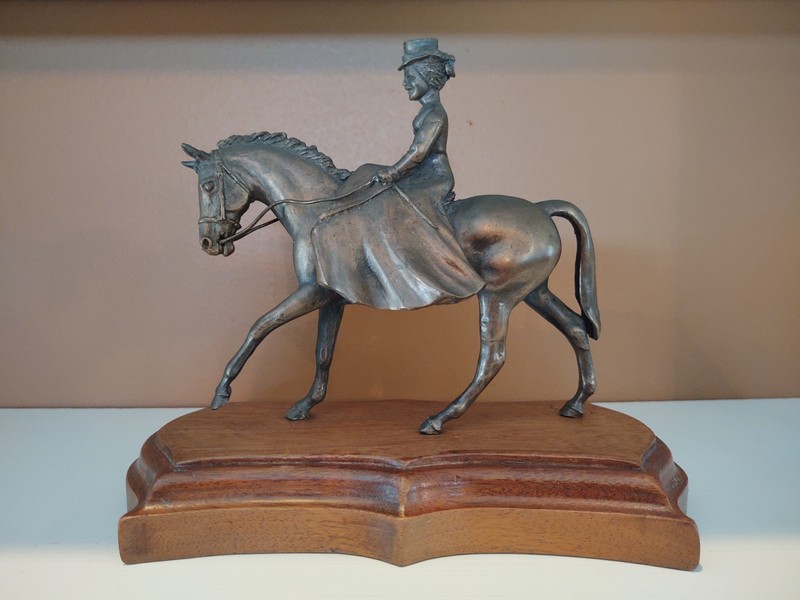 Rare Vintage Lady Side Saddle Rider and horse Wood Base Figurine