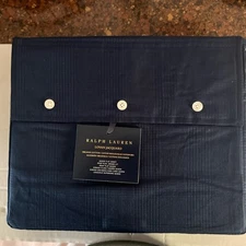 RALPH LAUREN organic cotton Lovan Jacquard woven QUEEN flat sheet Navy NWT