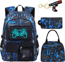 School Backpack for Boys - 4Pcs Gamer Boys Backpack with Lunch Box Set for Kids