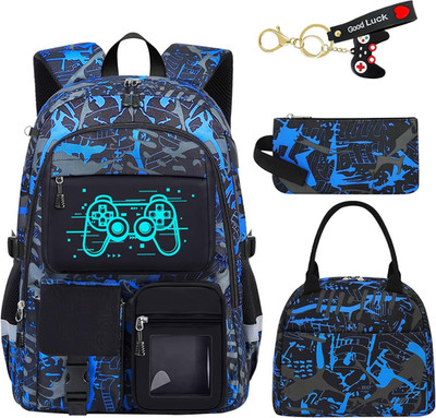 School Backpack for Boys - 4Pcs Gamer Boys Backpack with Lunch Box Set for Kids