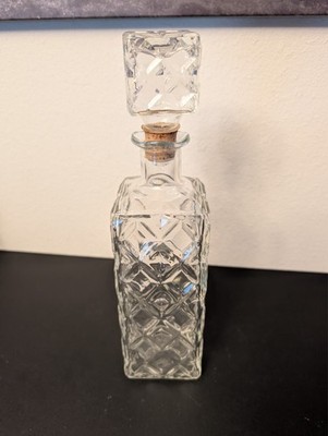 Vtg Clear Cut Glass Pattern Whiskey Bourbon Decanter w/ Cork Stopper, Clean