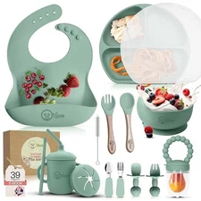 O'doe 17-Piece BPA-Free Silicone Baby Feeding Set. (Green, V2)
