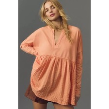 Anthropologie Pilcro Long-Sleeve Babydoll Gingham Loose Top XL Melon Orange