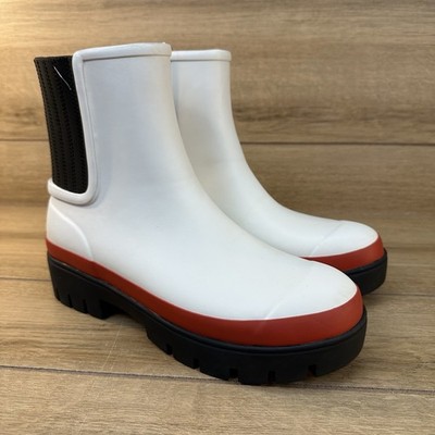 TORY BURCH White Foul Weather Hurricane Ankle Boots Size 9M Ivory/Perfect Black