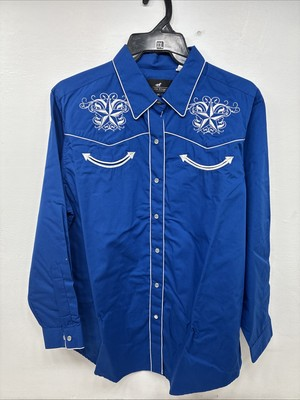 #ad New Women’s Western Express Blue Designed Long Sleeve Pearl Snap 2XL GG 20 $41.40