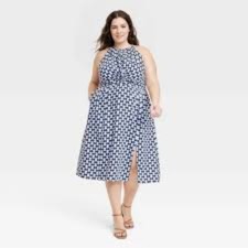 Ava & Viv Dress Womens Blue White Midi Dress Sleeveless Halter Neck Size 2X