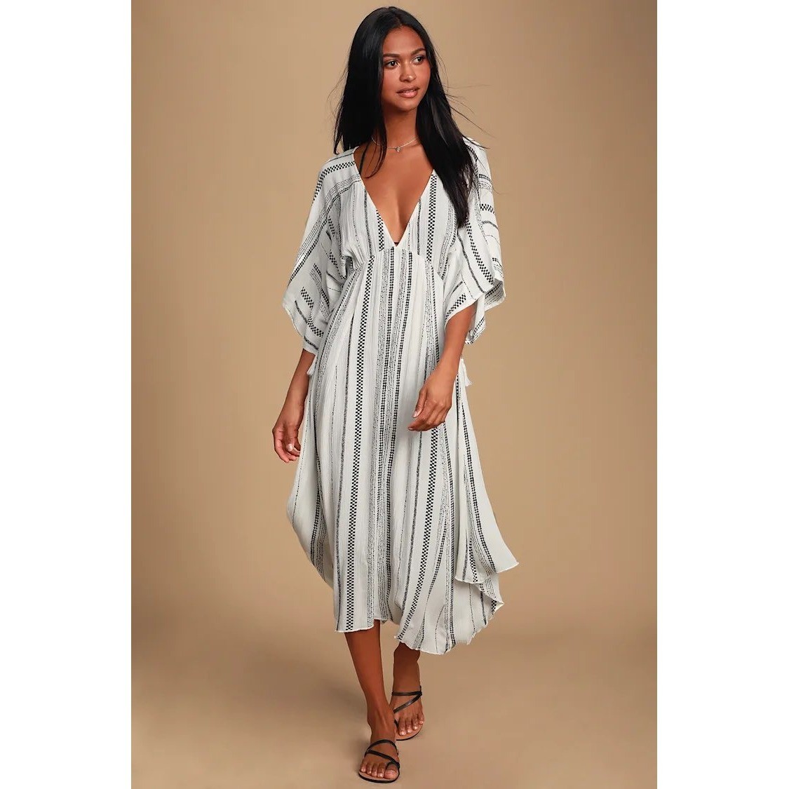 Lulus White Black Striped Hem Boho Midi Dress Small