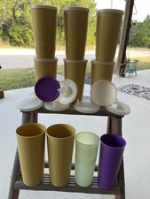 Vintage Tupperware 10 Plastic Cups Tumblers Harvest Gold Sippy Cup Lids