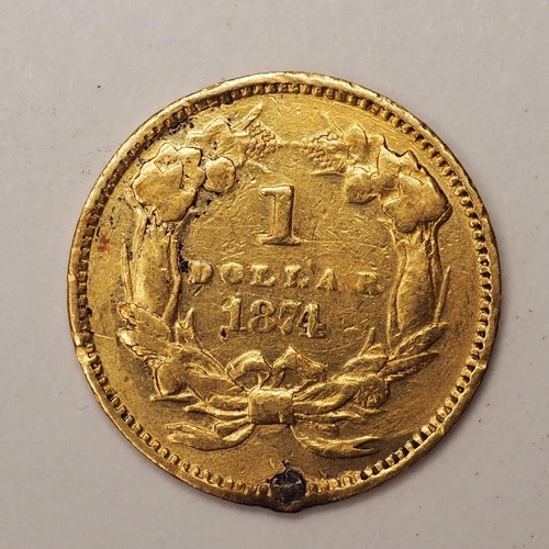 1874  *EX JEWERLY* INDIAN HEAD  $1 dollar gold **FREE SHIPPING**C2854