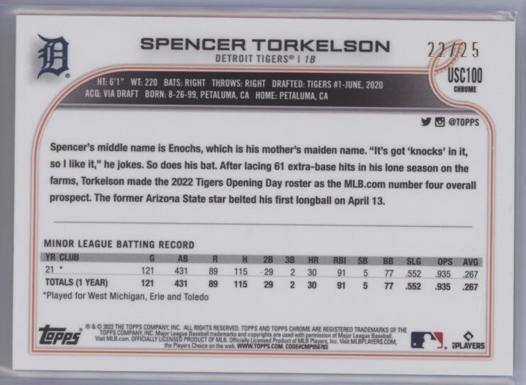 SPENCER TORKELSON 2022 Topps Chrome Update RED REFRACTOR RC 22/25 Tigers USC100 - Image 2 of 2