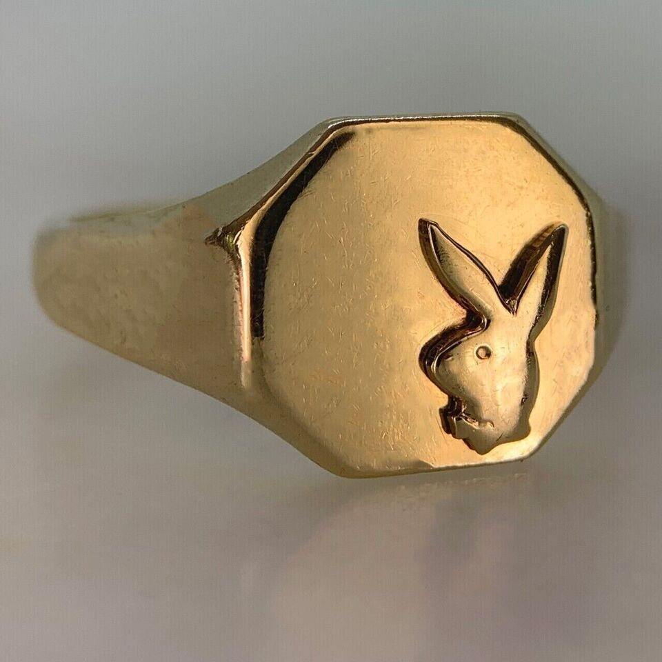 アクセサリー Vintage Gold Playboy Signet Ring Men's Playboy Bunny Signet Ring 14K Yellow Gold Plated Sterling