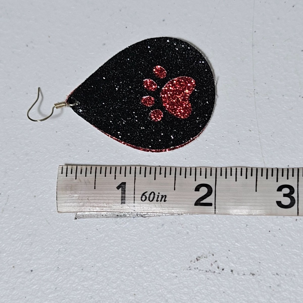 Handmade Paw Print Black Red Glitter Earrings Dog Lover Faux Leather Fabric View 3